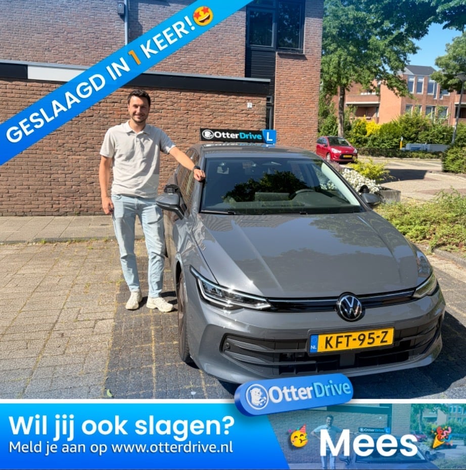 Man standing next to gray Volkswagen car with OtterDrive logo and Dutch text advertising car rental service