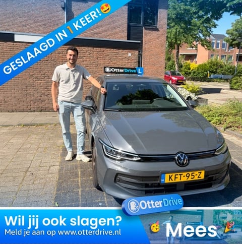 Man standing next to gray Volkswagen car with OtterDrive logo and Dutch text advertising car rental service