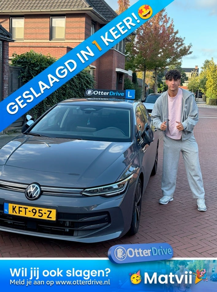 Young man standing next to gray Volkswagen car with OtterDrive and Matvii branding on blue banner