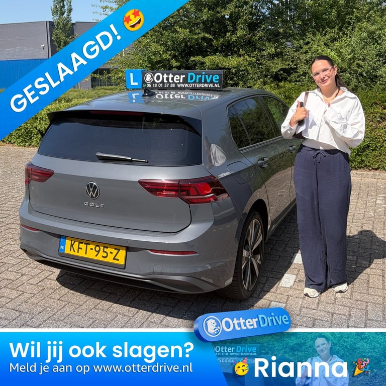 Man posing next to gray Volkswagen Golf with Otter Drive branding and Dutch text asking about car rental