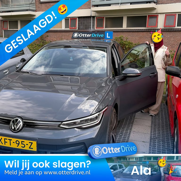 OtterDrive car rental marketing image showing a woman next to a gray Volkswagen with Dutch text saying GESLAAAGD and Wil jij ook slagen?