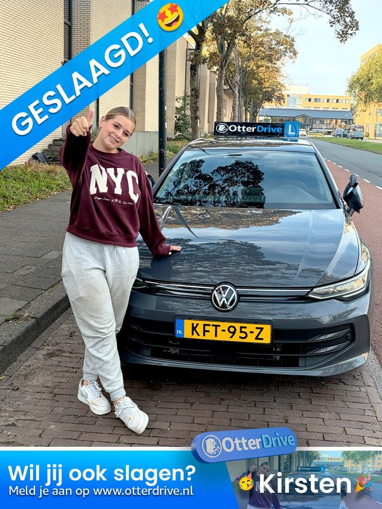 Young person posing next to black Volkswagen car with OtterDrive branding on roof