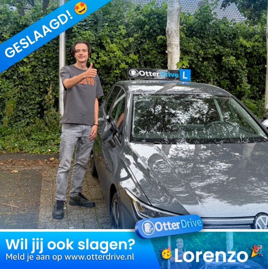 Man standing next to a dark Volkswagen car with OtterDrive branding, Dutch driving school promotional image