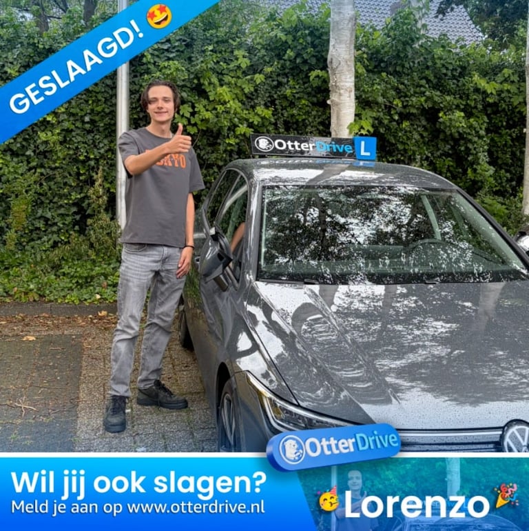 Man standing next to a dark Volkswagen car with OtterDrive branding, Dutch driving school promotional image