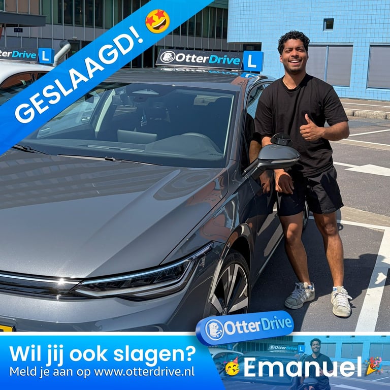 Man in black shirt standing next to silver car with OtterDrive branding and blue banner with Dutch text